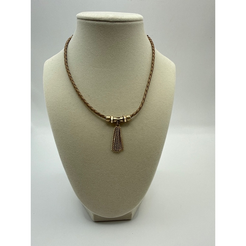 Braided Tan Leather Tassel Necklace Gold Tone Adjustable Chain Boho Choker